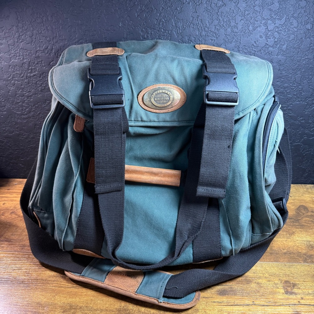 Magellan Sportswear Green Canvas Gear‎ Bag Leather Trim Messenger Duffel Travel